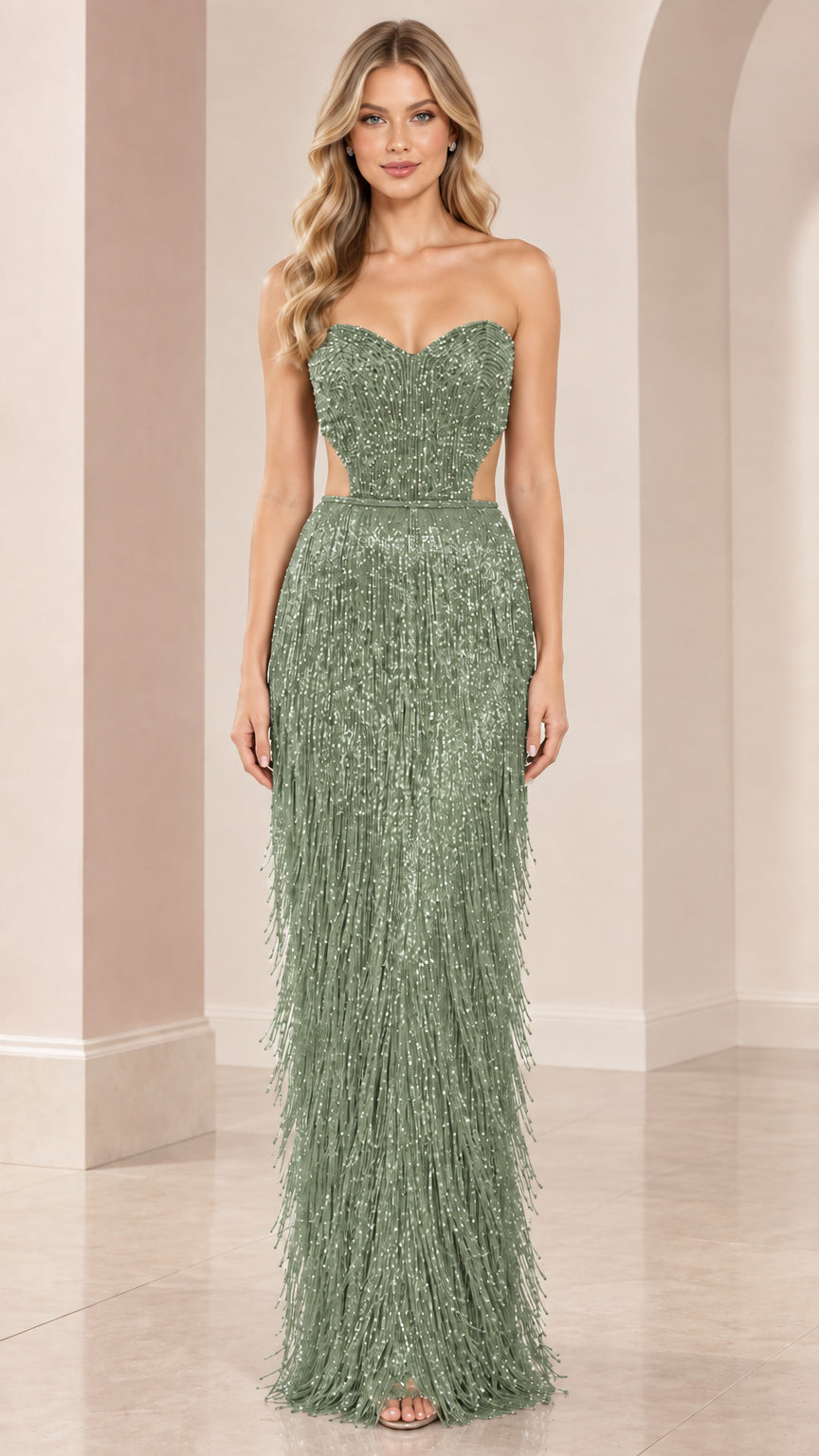 Front view of sage green strapless beaded fringe evening dress