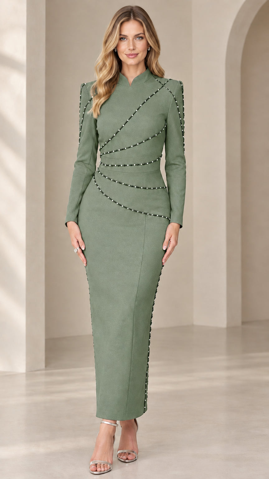Front view of model wearing sage green long sleeve beaded column maxi dress