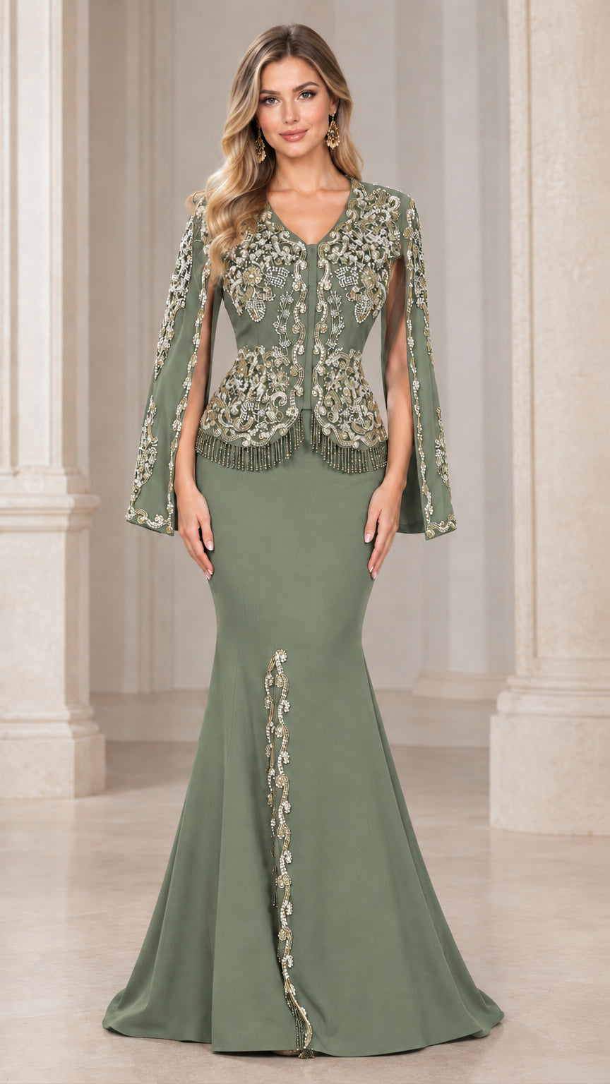 Front view of model wearing Sage Green beaded cape sleeve mermaid evening dress