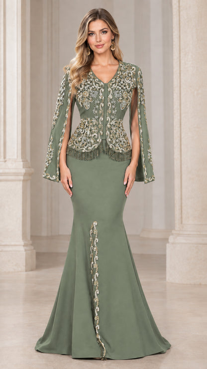 Front view of model wearing Sage Green beaded cape sleeve mermaid evening dress