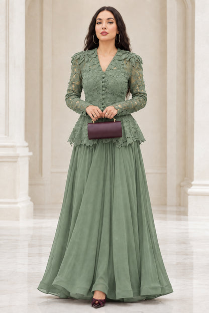 Model wearing sage green long sleeve lace peplum evening dress