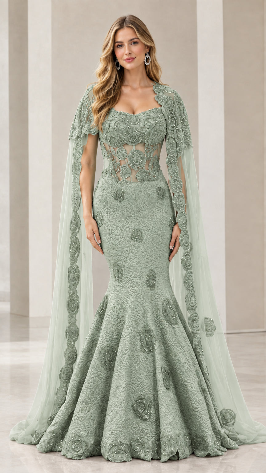 Sage green lace embellished mermaid gown with matching draped capelet