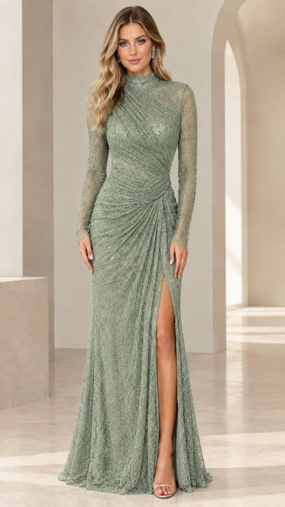 Front view of sage green long sleeve beaded lace formal gown with slit