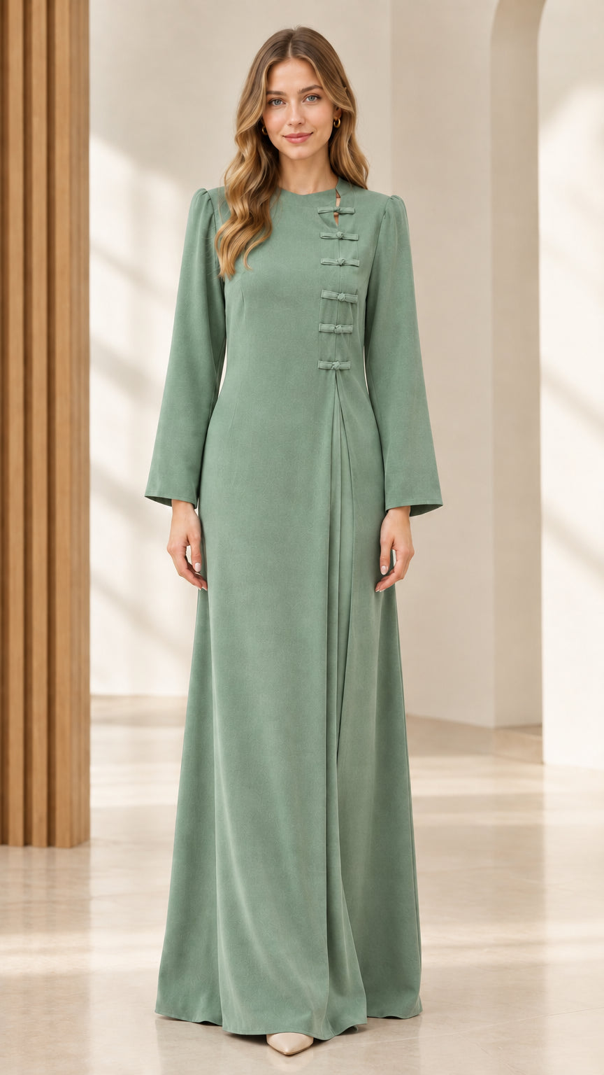 Front view of sage green long-sleeve evening maxi dress