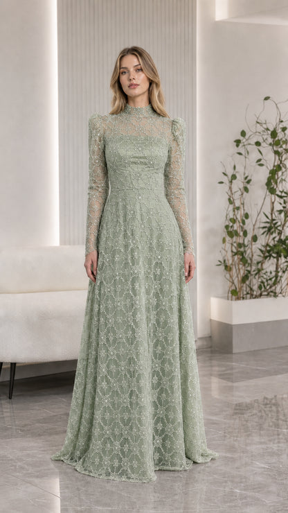 Front view of sage green beaded long sleeve formal A-line gown