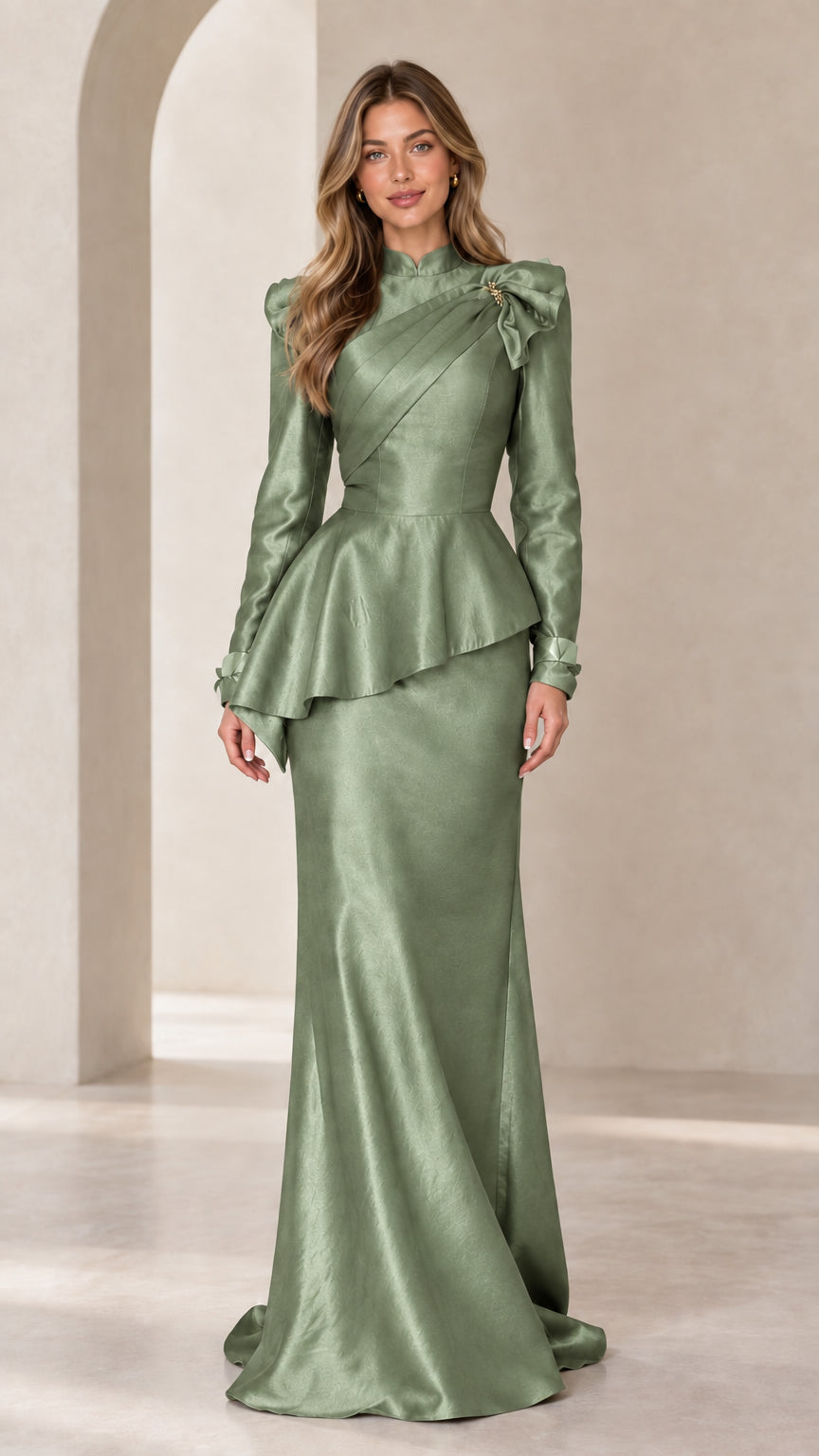 Sage Green long sleeve peplum formal dress front view
