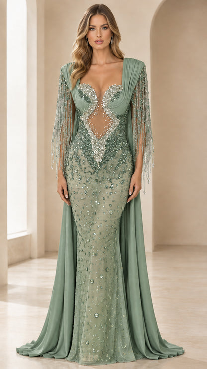 Front view of sage green embellished floor-length gown with beaded tassel shoulders