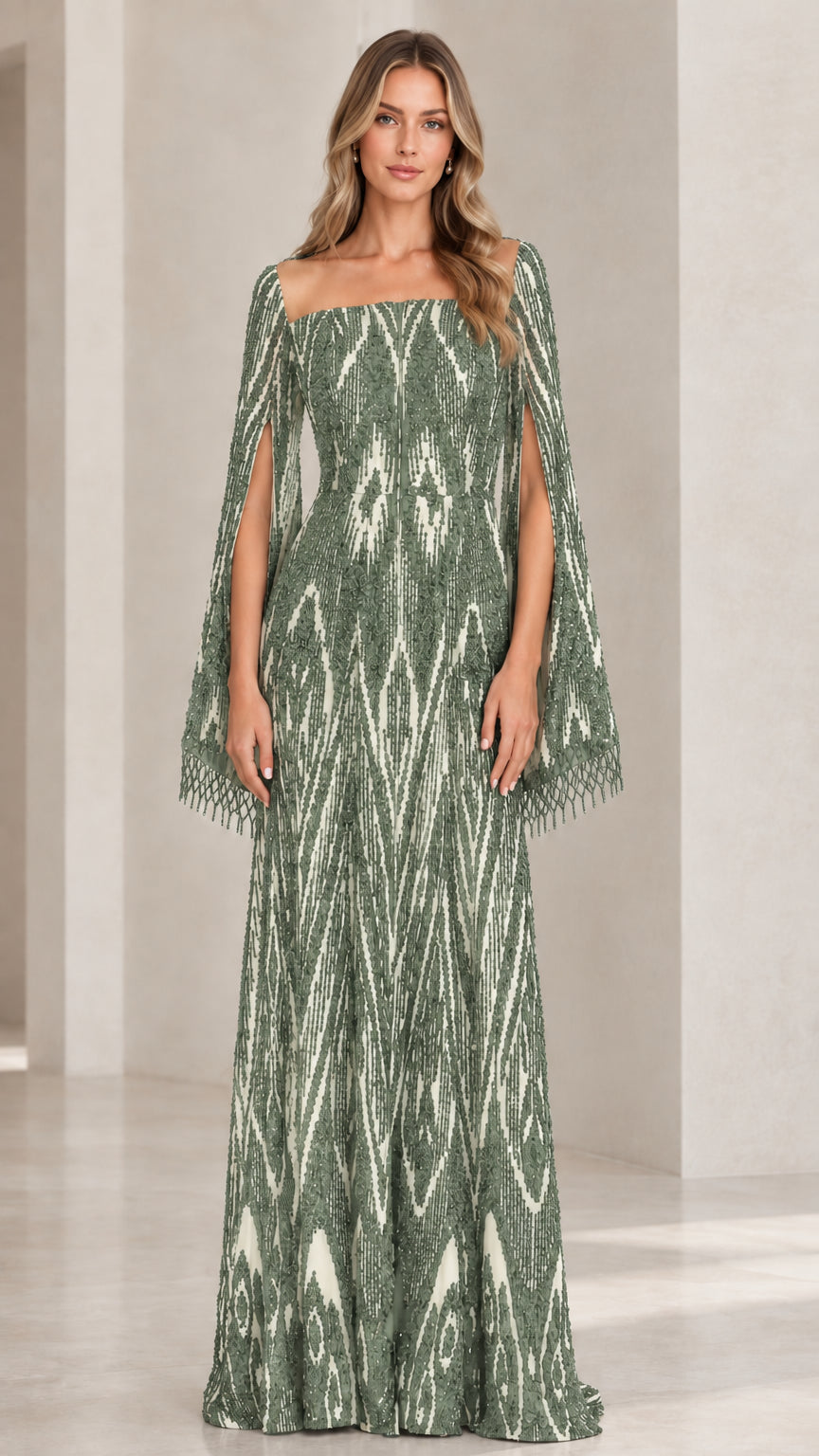 Sage green beaded sequin formal maxi gown with cape sleeves