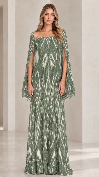 Sage green beaded sequin formal maxi gown with cape sleeves