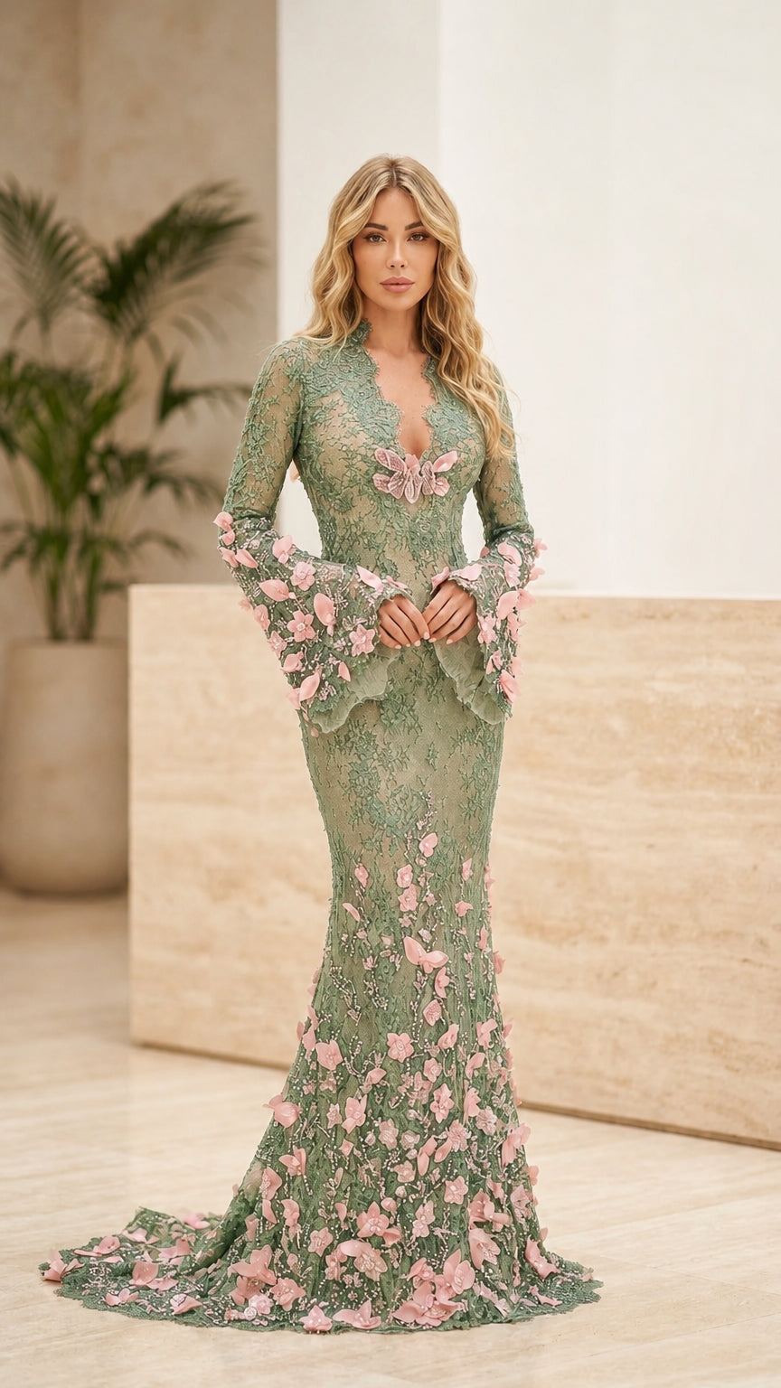 Front view of sage green 3D floral lace mermaid gown with flared sleeves