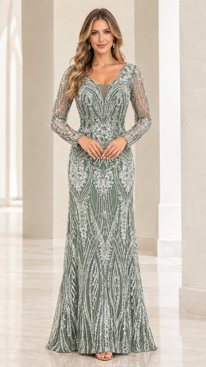 Front view of model in Sage Green embellished long sleeve formal maxi gown
