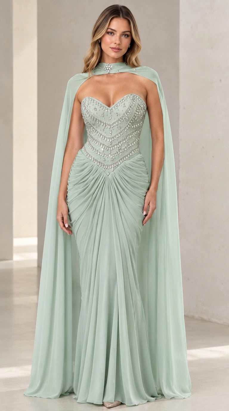 Sage Green beaded strapless formal dress with flowing chiffon cape