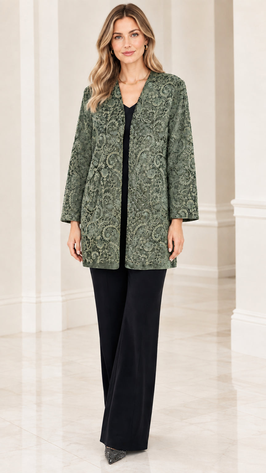 Sage green burnout velvet open front jacket on model