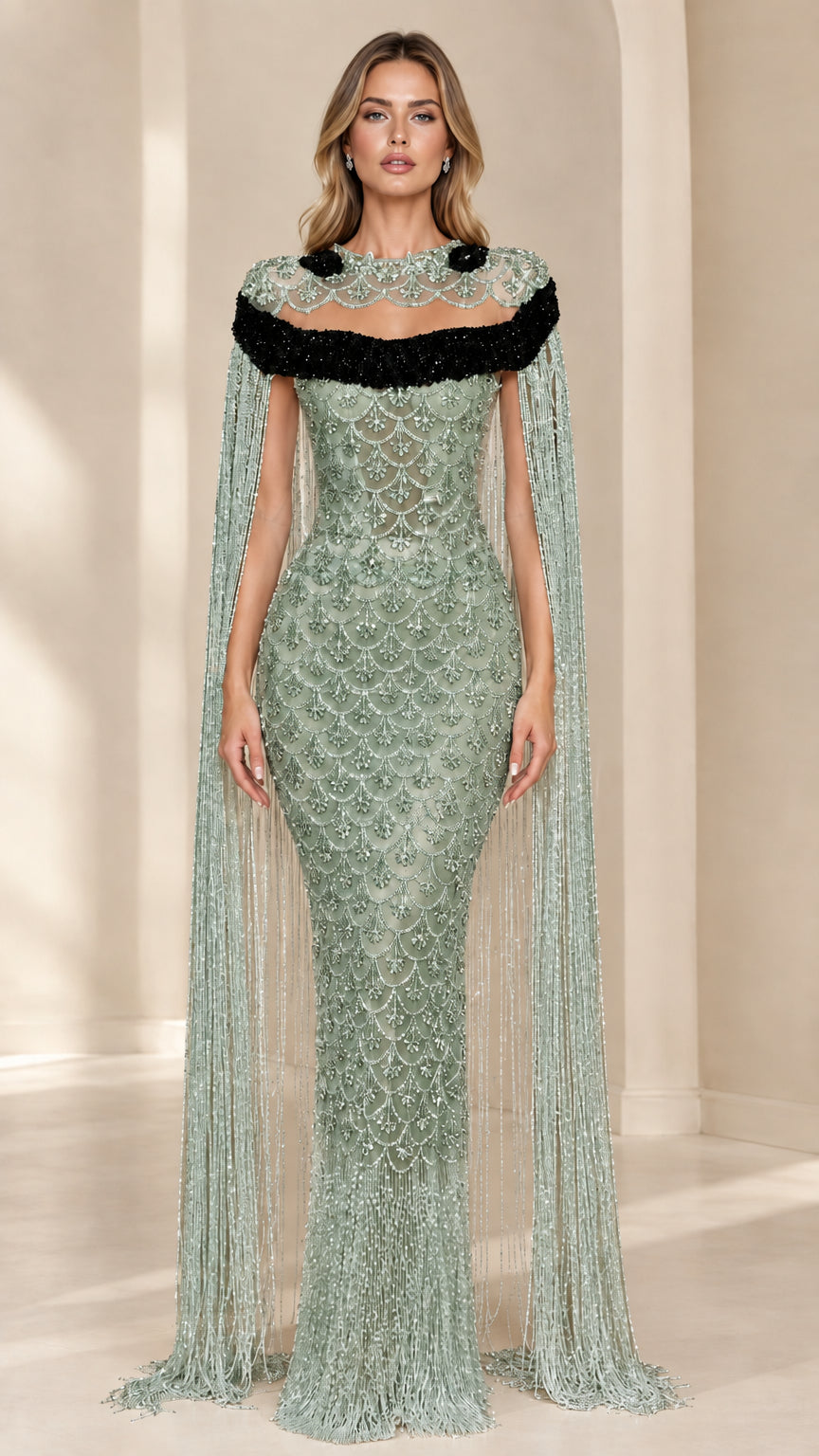 Front view of Sage Green Embellished Fringe Cape Evening Gown
