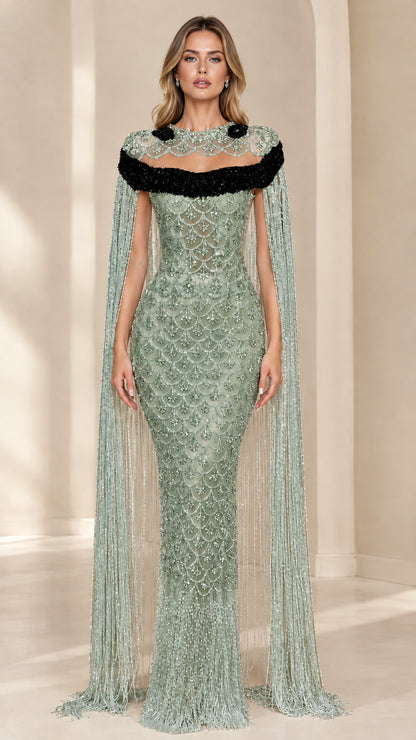 Front view of Sage Green Embellished Fringe Cape Evening Gown