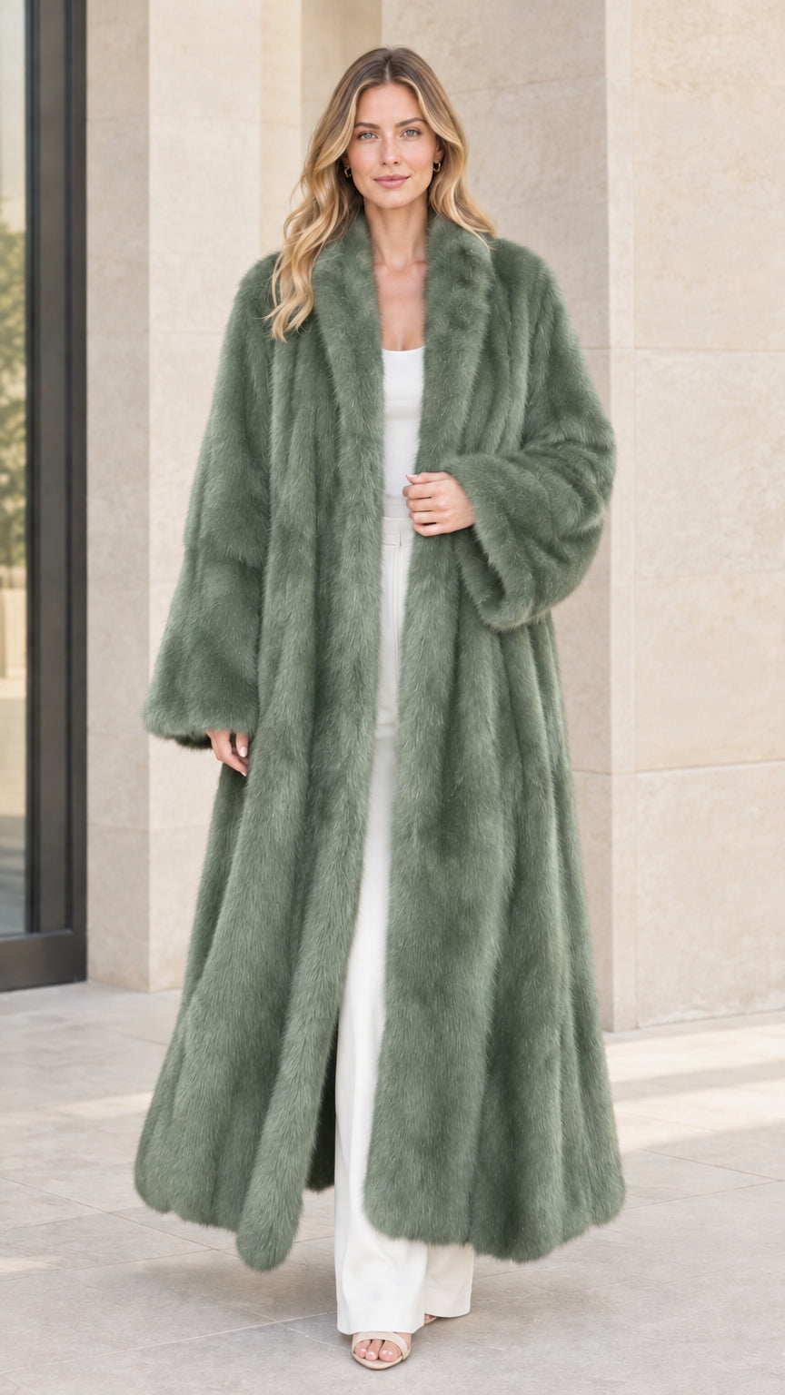 Front view of woman wearing sage green long faux fur maxi coat