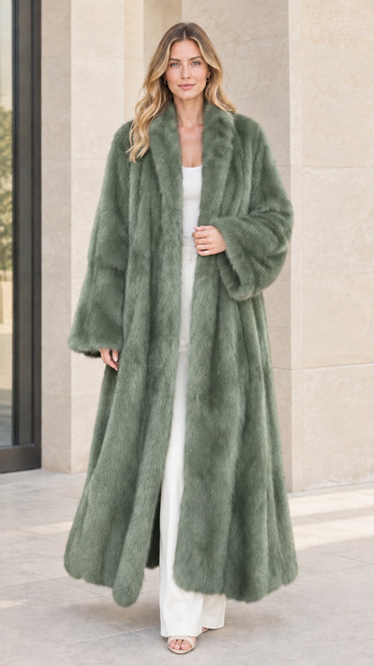 Front view of woman wearing sage green long faux fur maxi coat