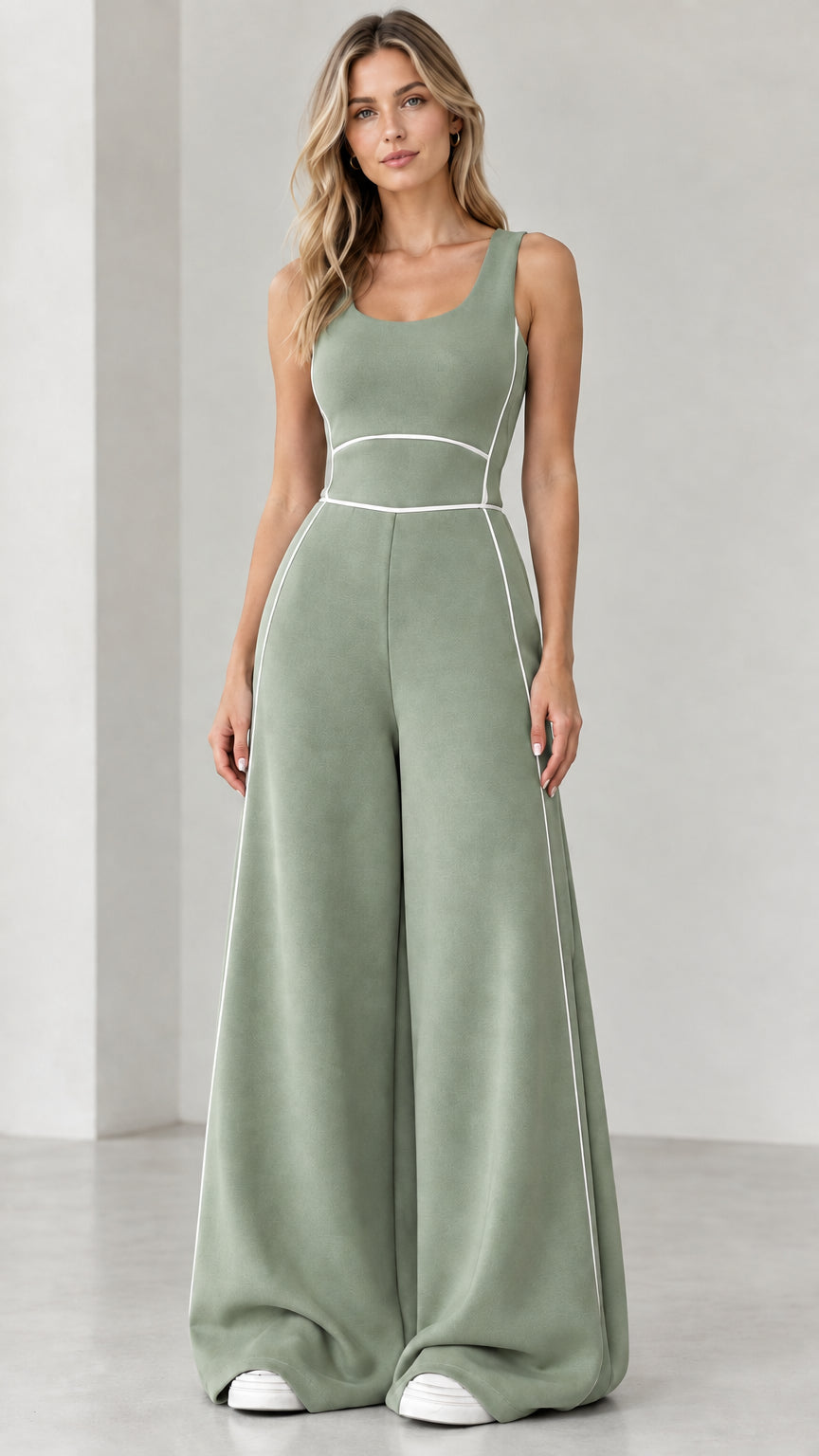 Sage green sleeveless wide-leg jumpsuit with white piping detail