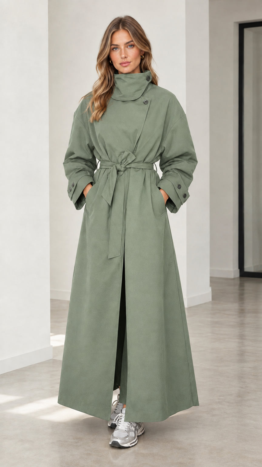 Front full view of woman wearing sage green high neck belted maxi trench coat
