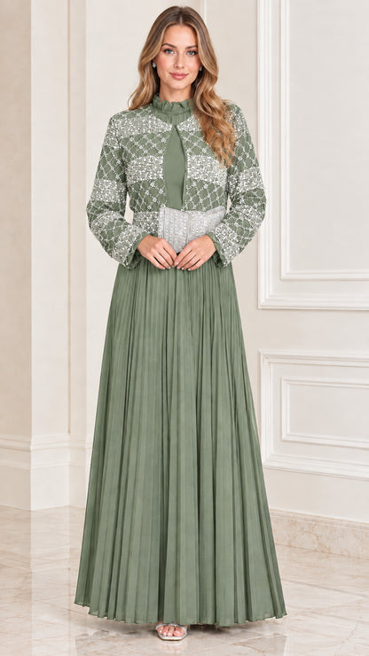 Sage Green sequined long sleeve pleated maxi formal gown