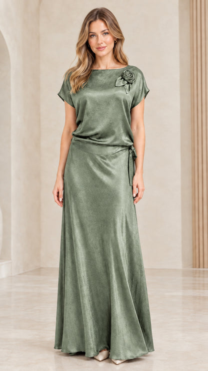 Full-length view of woman wearing Sage Green satin boatneck maxi dress