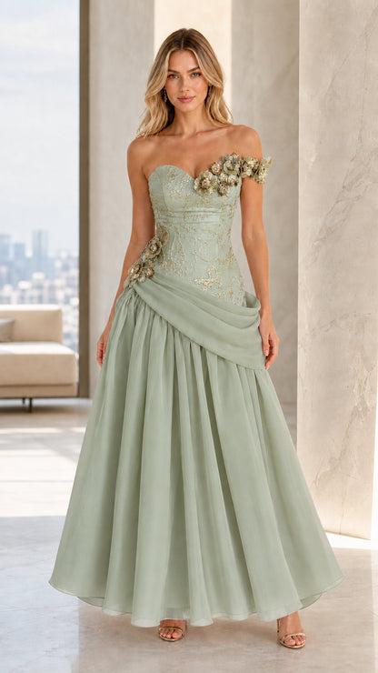 Front view of Sage Green floral appliqué corset evening gown with pleated chiffon skirt