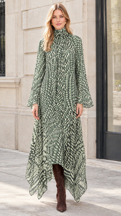 Model wearing Sage Green printed tie neck maxi dress
