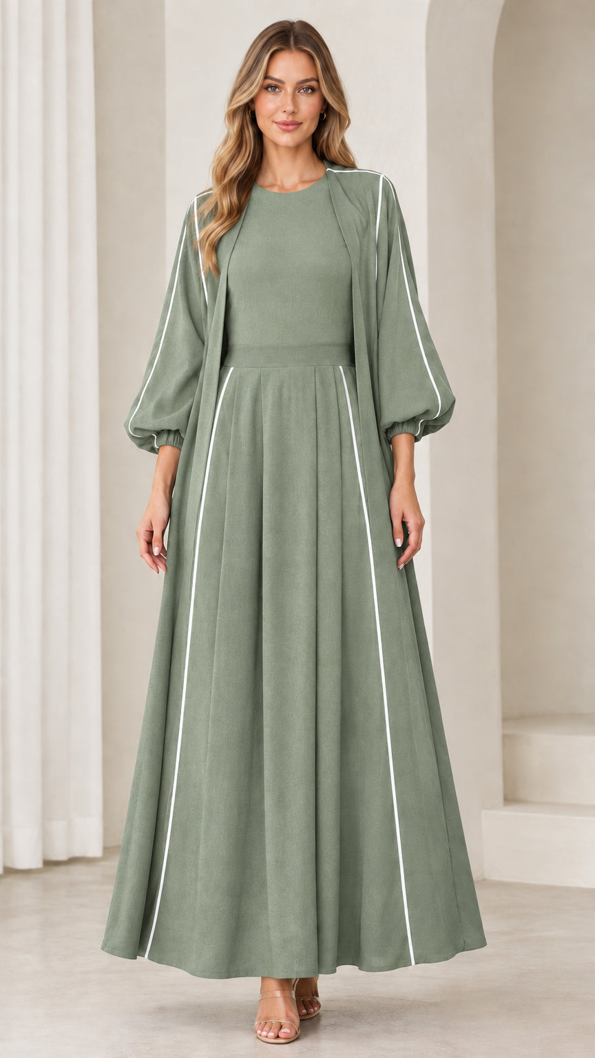 Full-length front view of Sage Green A-line modest maxi dress with lantern sleeves