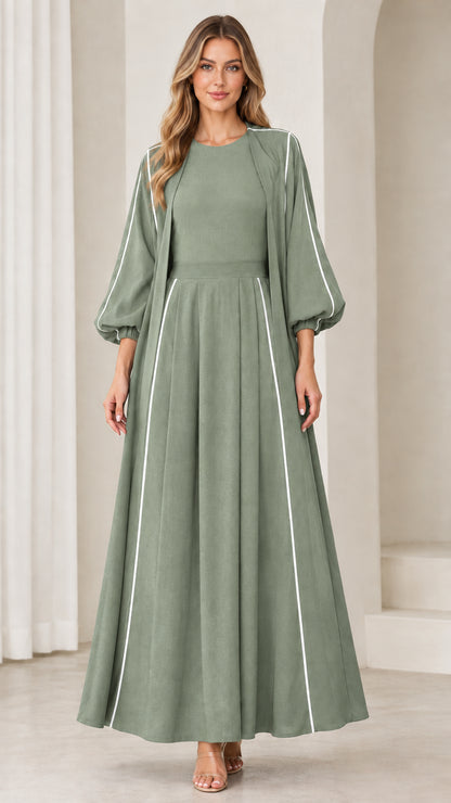 Full-length front view of Sage Green A-line modest maxi dress with lantern sleeves