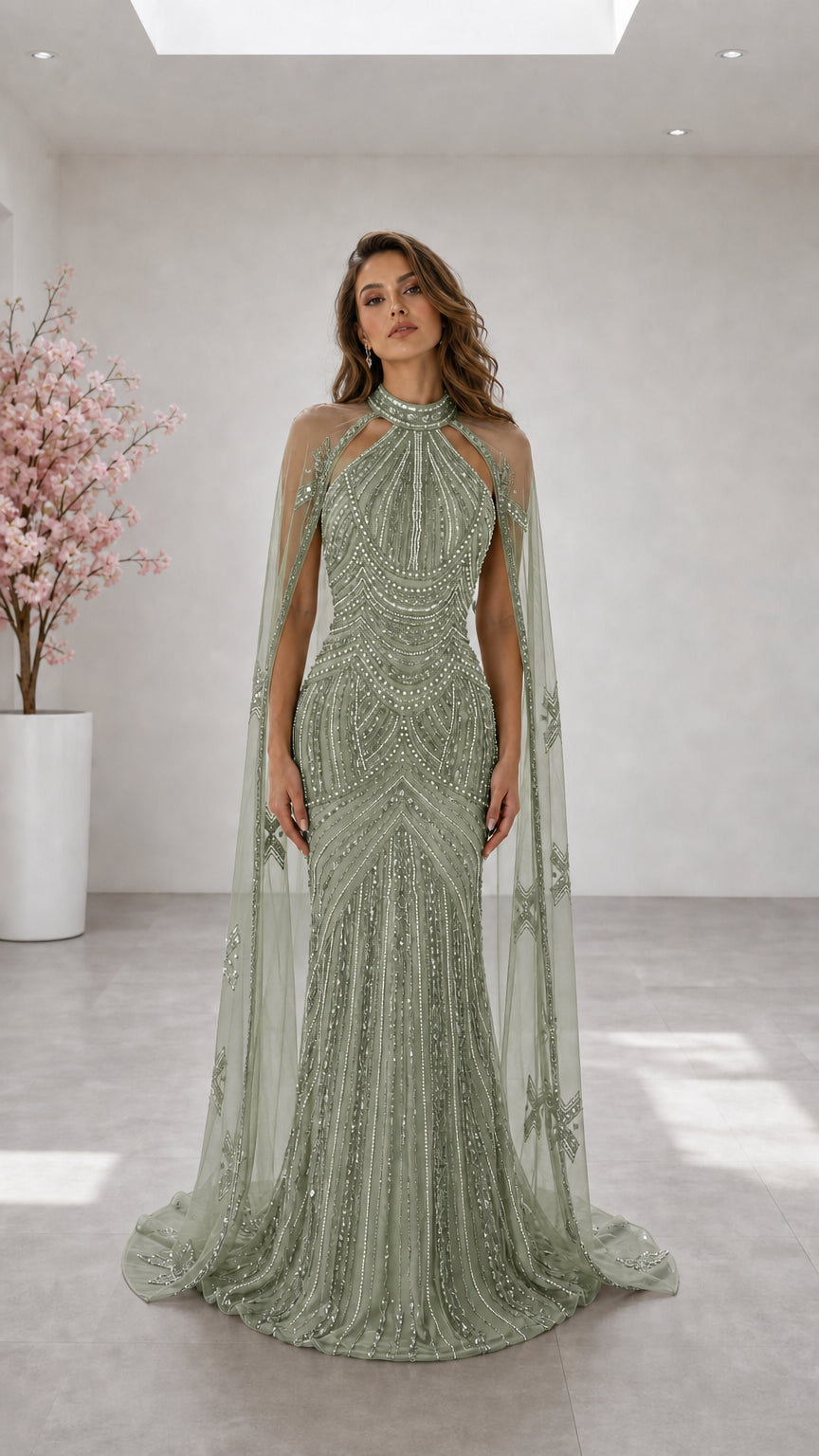 Sage green embellished mermaid gown with sheer shoulder cape