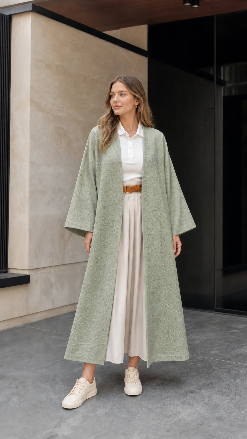 Front view of woman wearing sage green embossed jacquard open front maxi cardigan coat