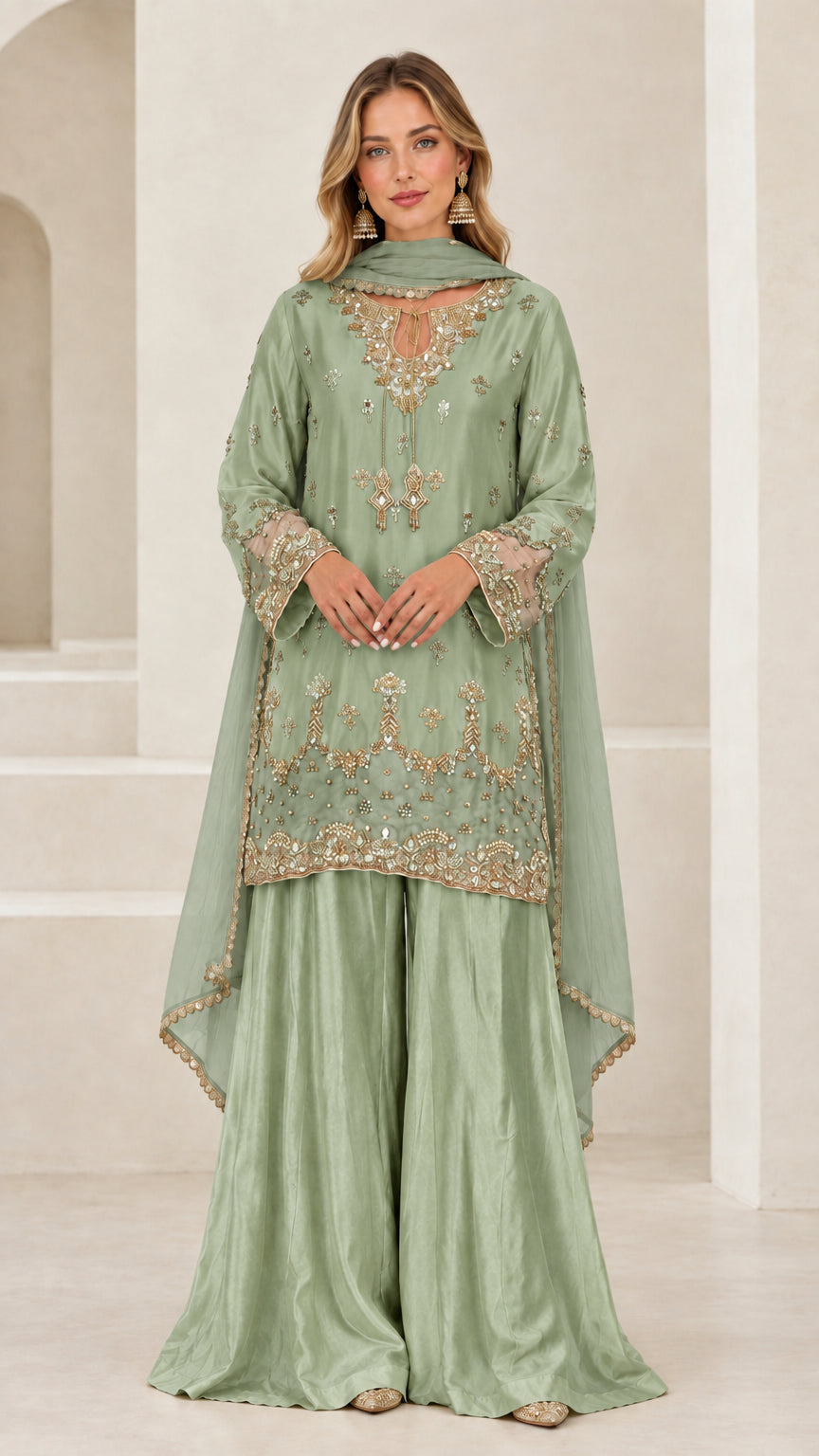 Sage green embroidered 3-piece sharara suit set with matching dupatta