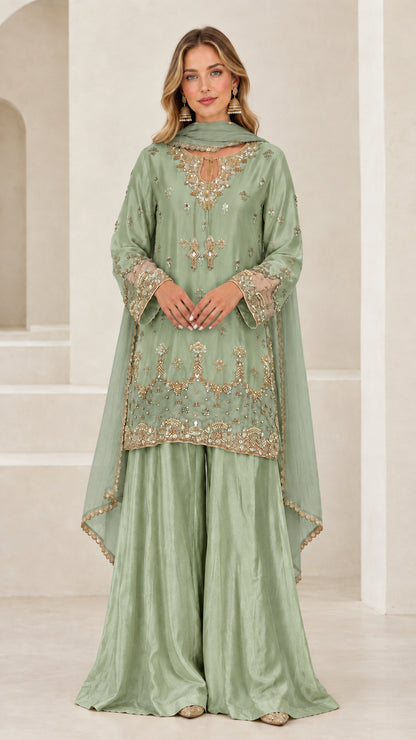 Sage green embroidered 3-piece sharara suit set with matching dupatta