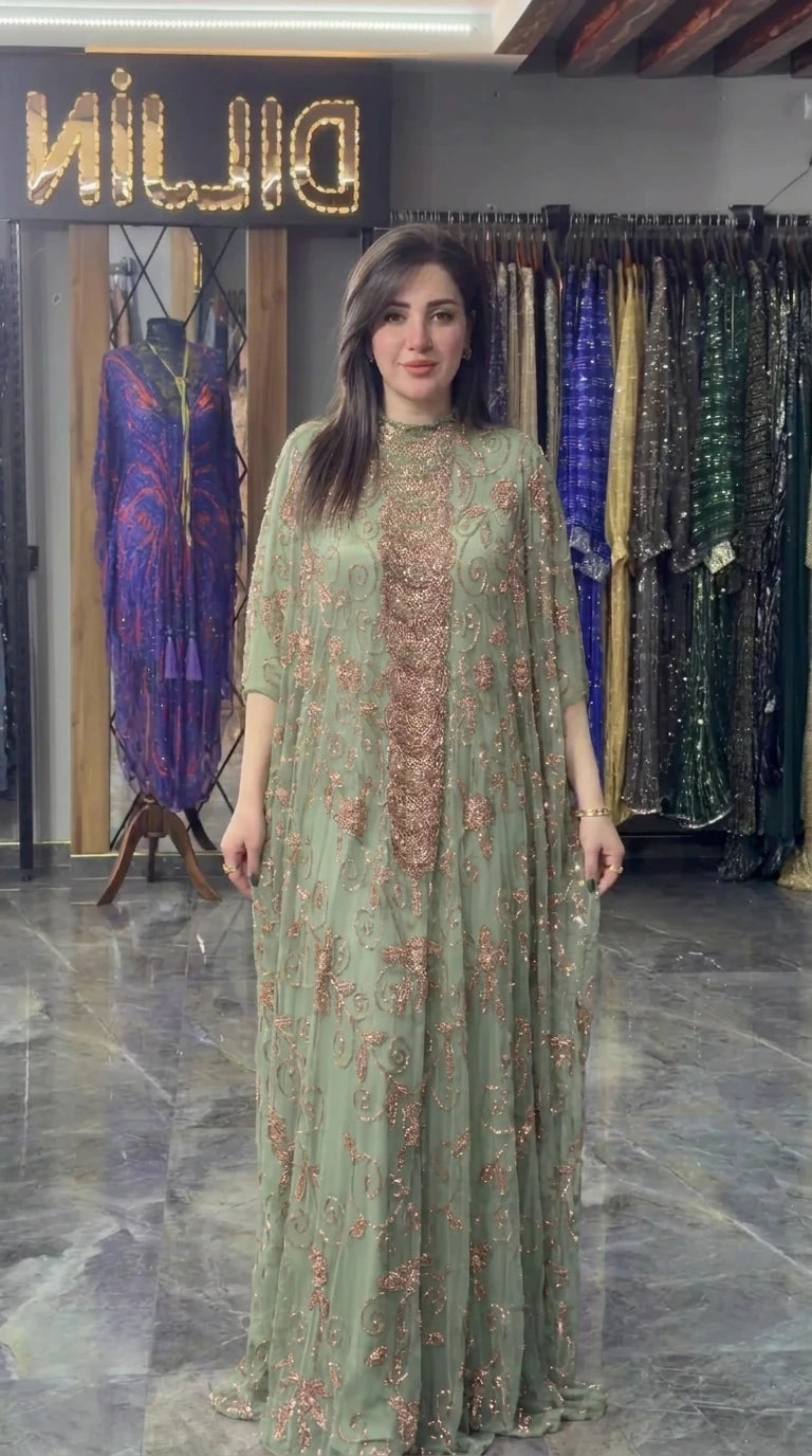 Front view of sage green hand-beaded evening kaftan gown