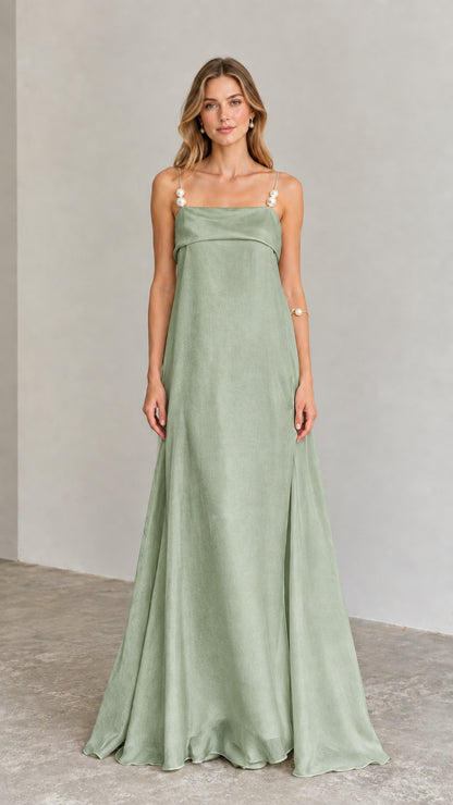 Sage green pearl strap formal evening gown front view