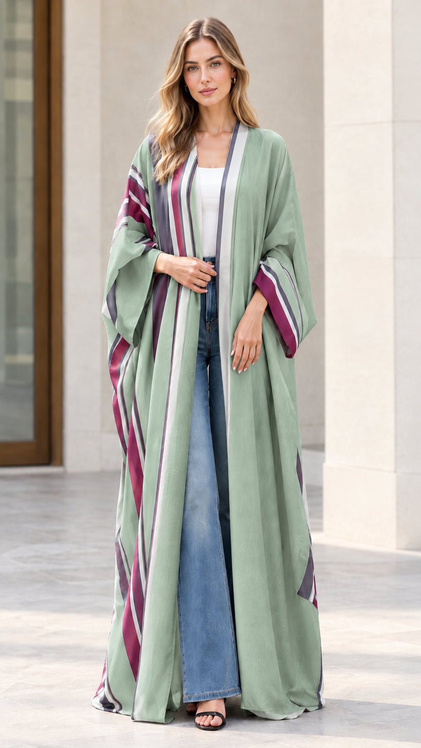 Full-length front view of woman wearing sage green striped open front maxi kimono duster
