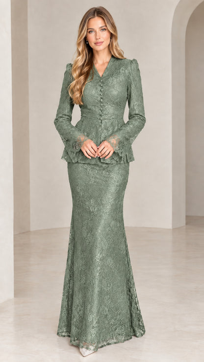 Sage Green lace peplum top and matching floor-length evening maxi skirt set