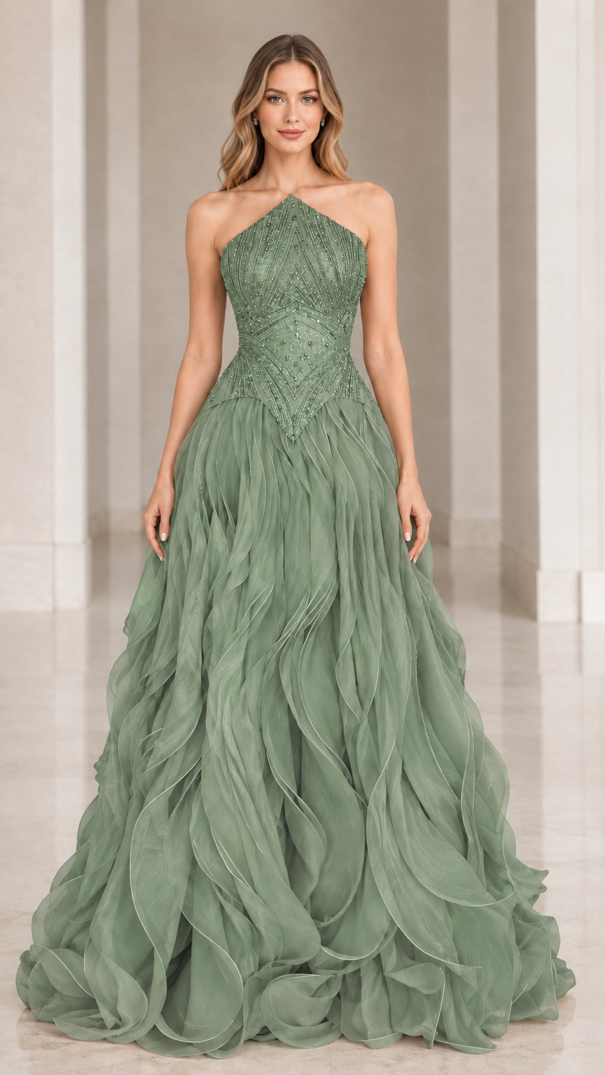 Front view of Sage Green Beaded Halter Tiered Ruffle Maxi Gown