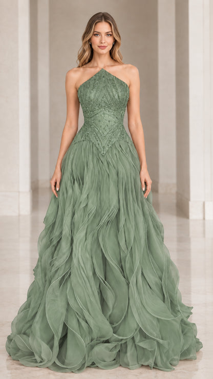 Front view of Sage Green Beaded Halter Tiered Ruffle Maxi Gown