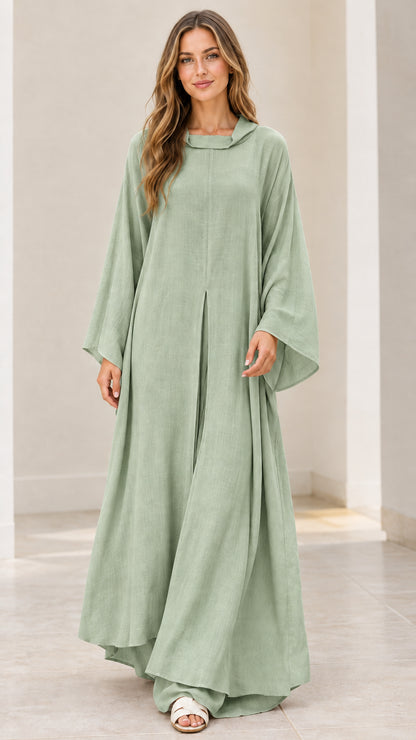 Front full view of model wearing sage green wide sleeve maxi dress
