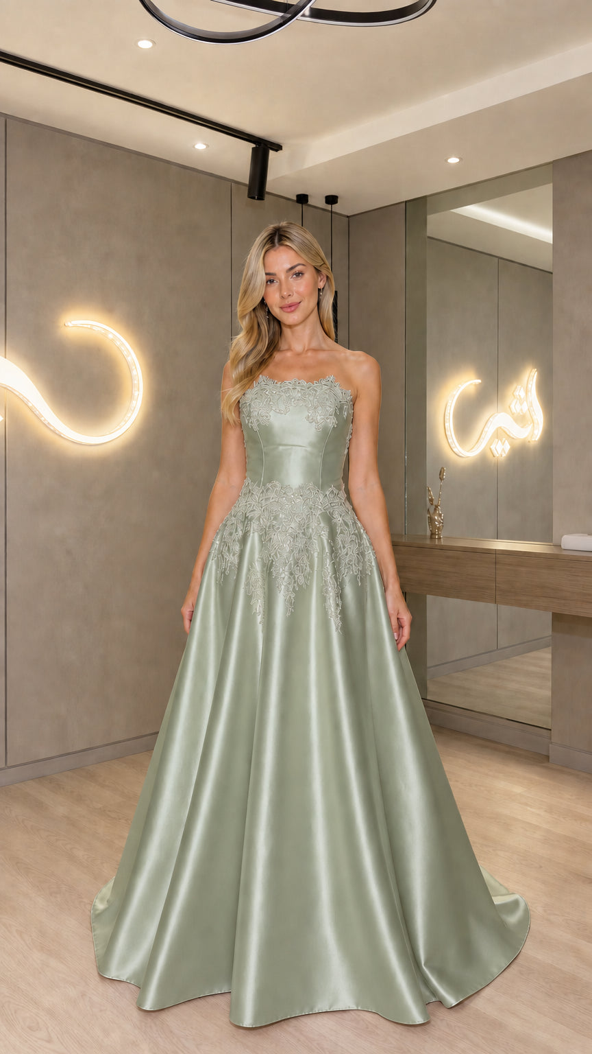 Sage Green strapless embroidered satin formal evening gown