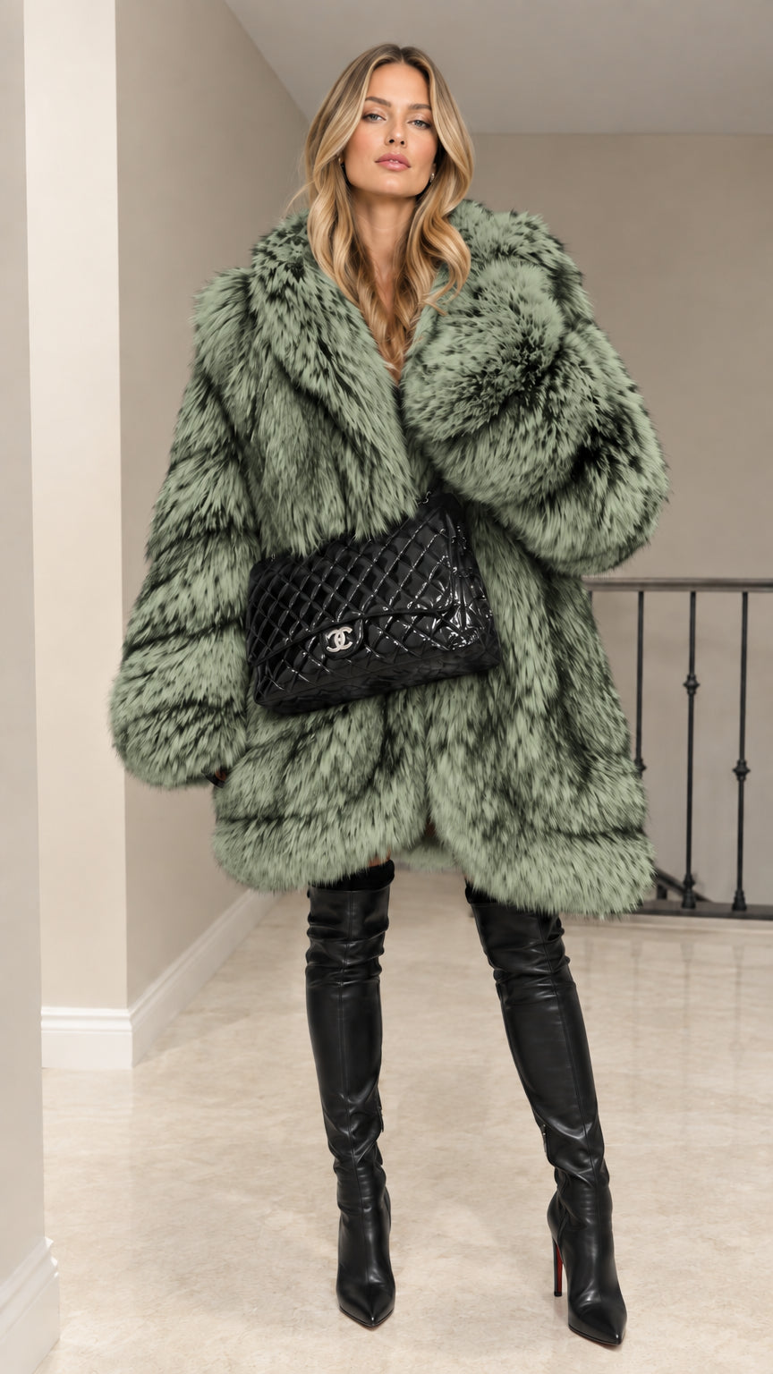 Model wearing Sage Green oversized faux fur hooded coat