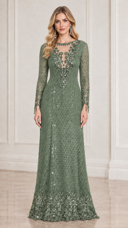 Sage green long sleeve sequin lace floor-length evening gown