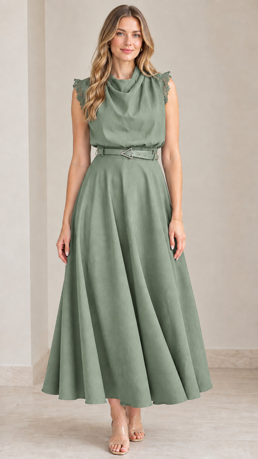 Front view of sage green sleeveless cowl neck midi dress