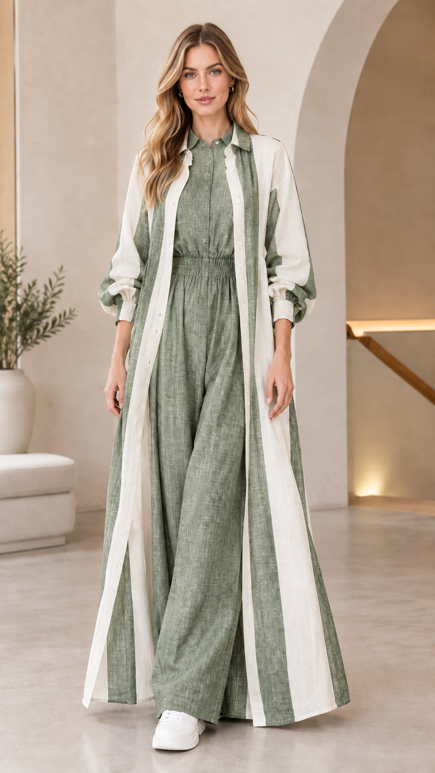 Full front view of sage green collared jumpsuit and striped maxi duster set