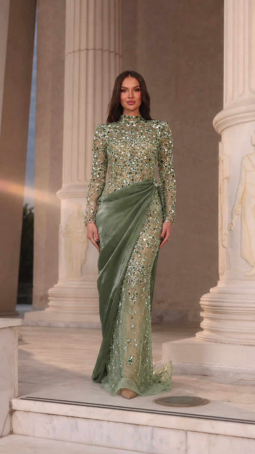 Full-length front view of Sage Green crystal beaded long sleeve formal maxi dress