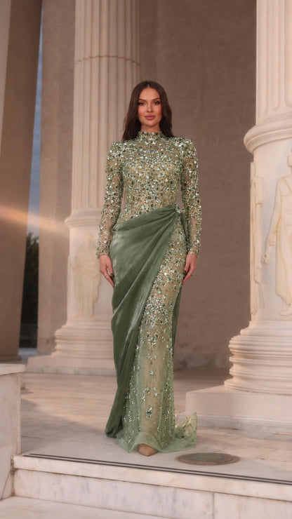 Full-length front view of Sage Green crystal beaded long sleeve formal maxi dress