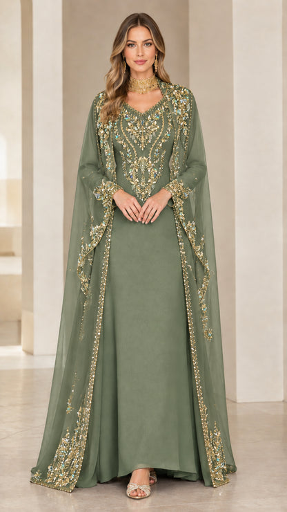 Full-length front view of sage green embellished cape evening maxi dress