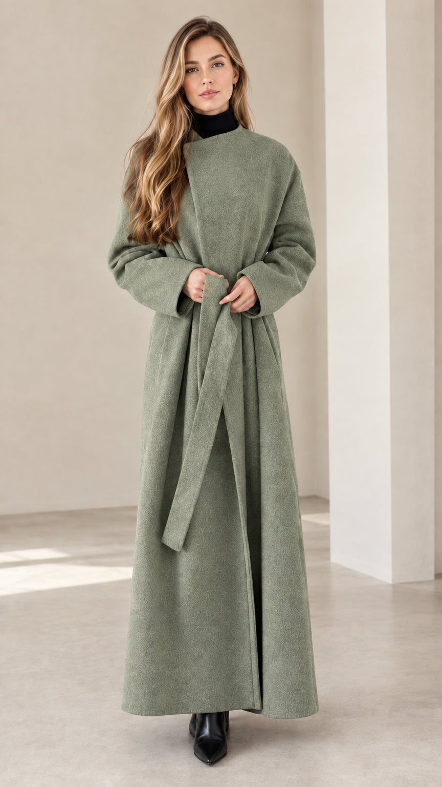 Model wearing sage green long wrap coat with stand collar