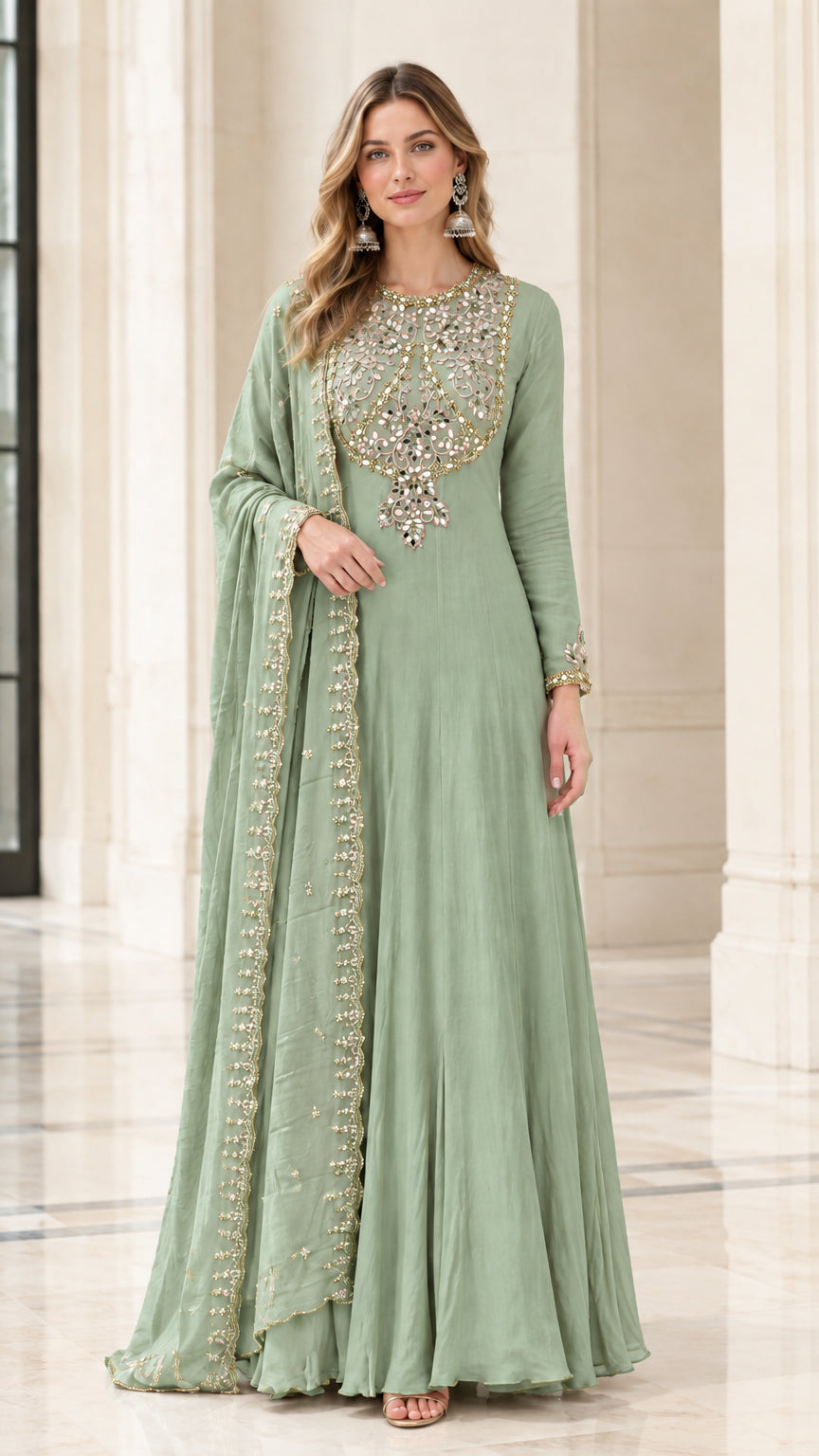 Sage green embellished full-length formal Anarkali dress with dupatta